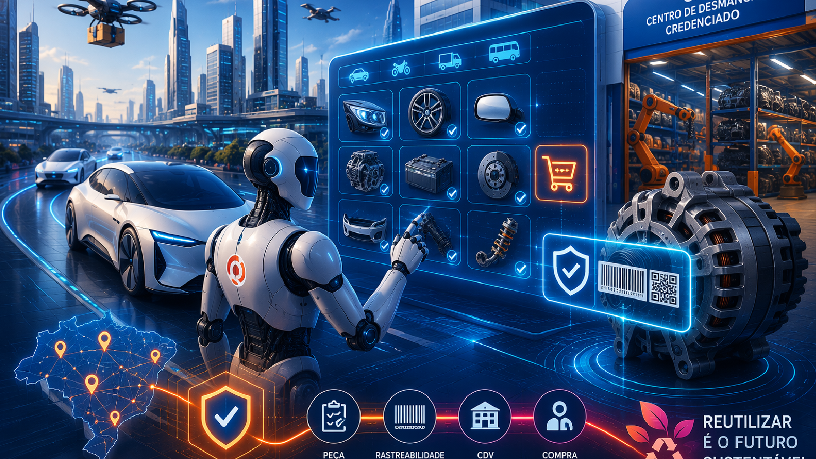 Rob&ocirc; humanoide verifica cat&aacute;logo de pe&ccedil;as de autom&oacute;veis e suas etiquetas.